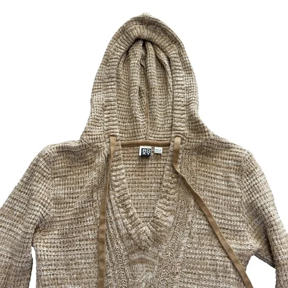 Roxy Women's Tan Marled Knit Hooded Sweater Tunic Cable Knit V Neck - Picture 2 of 6